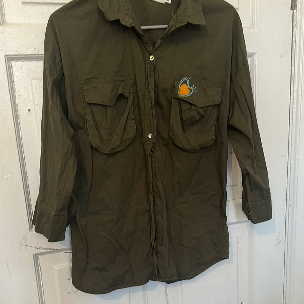 ***reposh***Olive Green Button-Up Shirt with Heart Patch